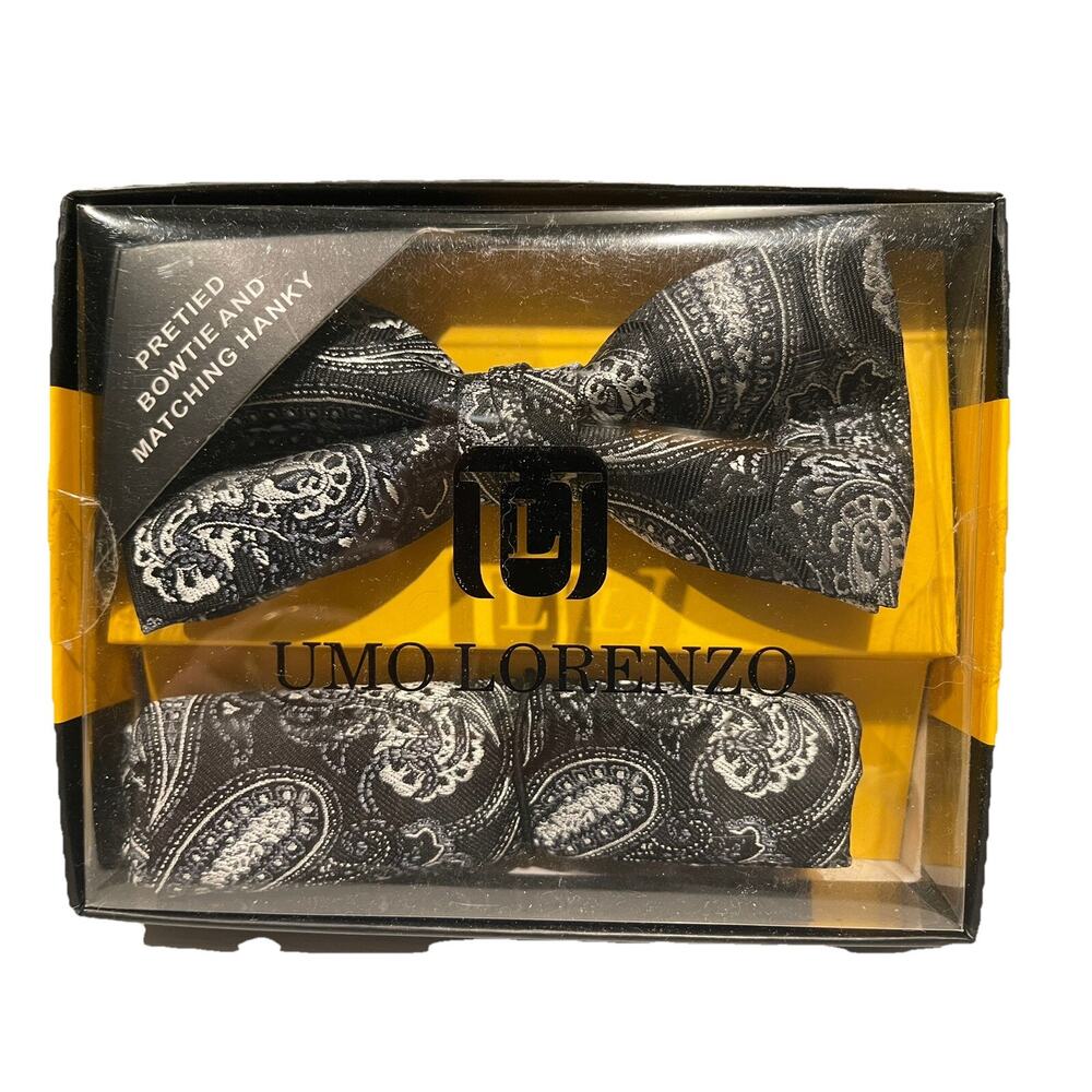 Umo Lorenzo Pre-Tied bowtie and Matching Hanky Set- Black/Silver